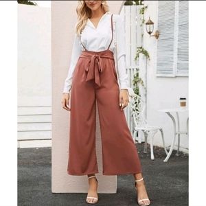 High Waist Wide Leg Belted Pinafore Pants